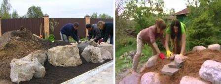 Een belangrijke fase in dit werk is de selectie van stenen en hun daaropvolgende verwerking. Want dankzij hen en de planten wordt het type glijbaan als geheel bepaald.