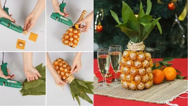 DIY-ananas van snoep en champagne: stap voor stap uit een fles maken. Masterclass voor beginners