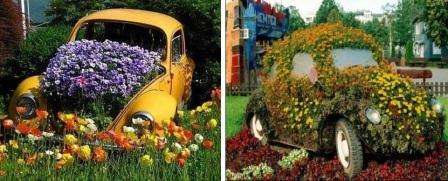 Съвременните летни жители умело са използвали дори кола, напълно покрита с цветя. Под формата на кола, цветна леха също е направена от метална рамка.