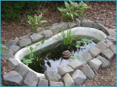 Лесно е да направите малко езерце за водни лилии и други растения от стара вана. Езерцето на площадката ще се превърне в истинска декорация и ще привлича различни птици, така че на сутринта можете да се насладите на приятно чуруликане.