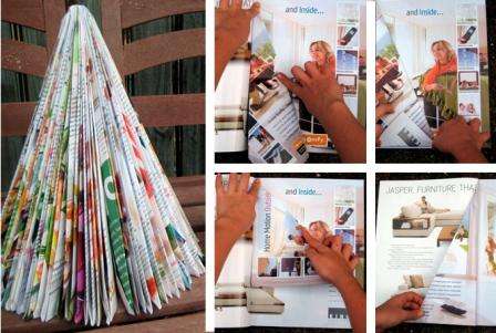 Form a cone out of the cardboard sheet and secure it with glue. Cut out circles or flowers of equal diameter from the pages of the magazine