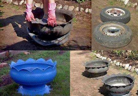 We mount two parts of the tire (sidewall and the remaining piece) on the disc. The base of the flowerpot is ready.