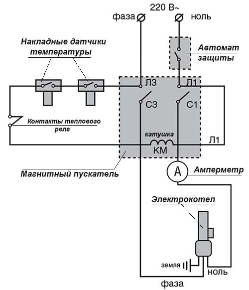 Схема на свързване на електрически котел чрез магнитен стартер
