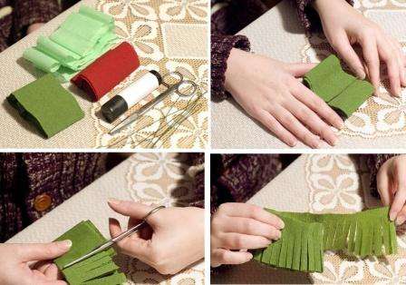 За да направите боров клон с конус, ще ви трябва кафява и зелена креп хартия, както и ножици, флорална тел и лента. Първо, нека започнем да правим клон.