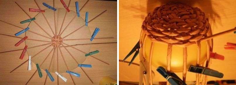 When it's time to braid the template - a blank, it is better to attach the base tubes to the edges of the bowl with clothespins, or stick them with adhesive tape.