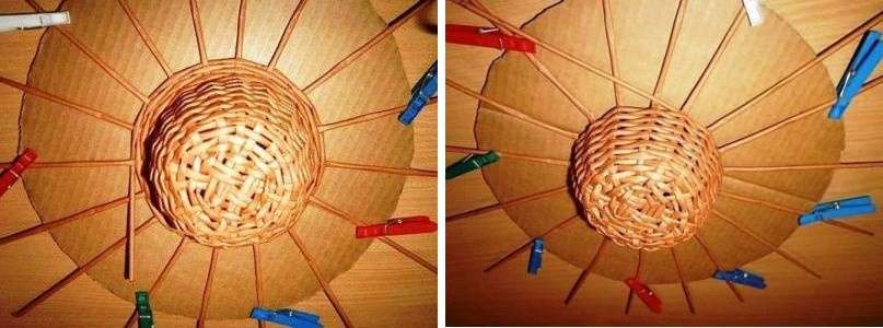 After giving the hat the desired shape, proceed to creating the fields. To do this, you will need a cardboard circle again. A blank is placed on it exactly in the center, attaching paper tubes of the base to the cardboard circle with clothespins at regular intervals.