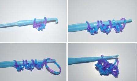 You need to make three identical blanks. Then take another rubber band and start removing these blanks on it. As before, the free part of the elastic must be put on the hook. The put on loops must be removed again on another elastic band and its ends put on the hook again. This will be the first ray of the snowflake, so for now you can remove this blank from the hook.