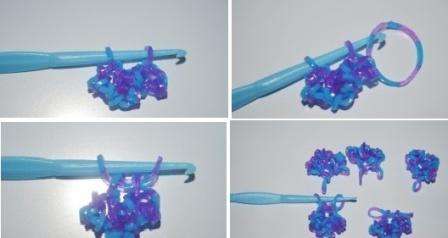 When all the parts are ready, put them on the hook, take a new elastic band and thread it through the parts. The free loop is put on the hook and then knitted through the second loop, which is already on the hook. Tighten the loop and remove the ready-made rubber snowflake from the hook. If you want to use the product as a keychain, make a longer buttonhole.