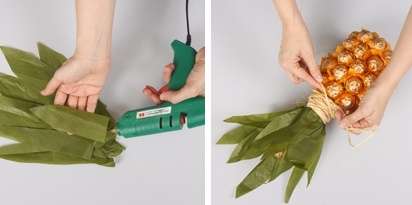 Następnie weź zielony papier i wytnij z niego liście ananasa. Wskazane jest złożenie papieru na kilka warstw, aby się nie rozdarł.