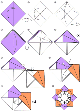 Begin to fold each square twice diagonally to form the fold lines and center. After that, bend the two extreme opposite corners to the center, and then, without unbending them, fold the two sides to the middle.