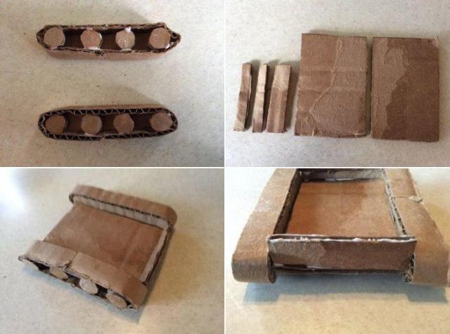 Najpierw musisz zrobić dwa paski tektury o wymiarach 20x1 cm, a następnie dwa kolejne paski 10x1 cm i 8 małych kółek