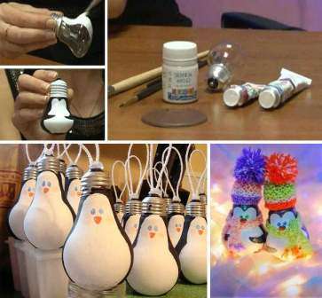 Cute penguins, crafts from incandescent bulbs