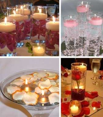 изпийте няколко красиви свещи, поставете ги във вода, допълнете композицията с ро венчелистчета