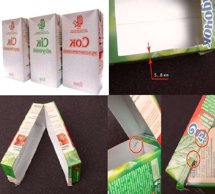 Weź dwa identyczne pudełka. Na jednym musisz wyciąć prostokąt o długości 14 cm i szerokości 8 cm, jeśli pudełko ma litr. W rezultacie krawędzie powinny wynosić od 1 do 3 cm, drugie pudełko należy przyciąć wzdłuż do końca, ale nie przeciąć dna. Te dwie skrzynki należy połączyć, aby uzyskać podstawę i dach. Można to zrobić za pomocą konwencjonalnego zszywacza. Lepiej nie używać taśmy klejącej i nici, ponieważ podczas pierwszych opadów śniegu twoja konstrukcja może pęknąć.