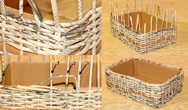 The result is a box with uprights sticking up. You can finish weaving by tucking each rack by the third
