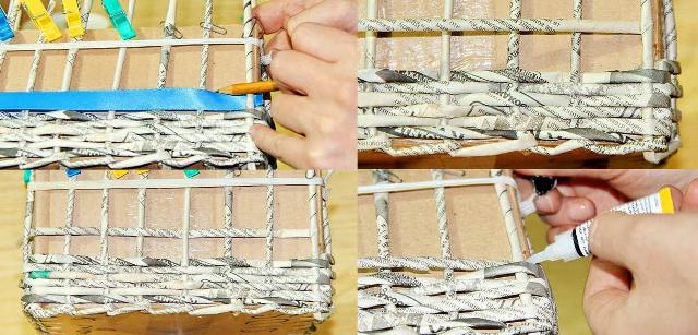 When the weaving has come to the edge of the box, fix the working tube and hide its tip with tweezers.