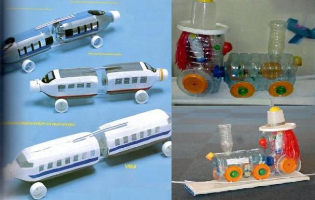 We make a train from plastic bottles in stages: