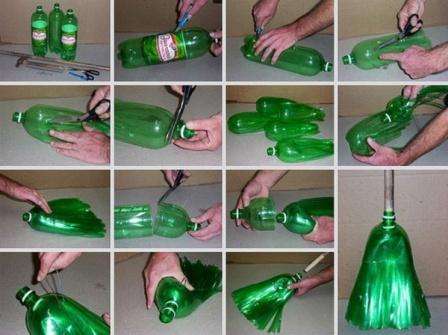 You need to clean your country house, but you don't have a broom? Use plastic bottles again. To do this, the bottom of each bottle is cut off, and then small cuts are made along the length. You need to make other blanks, in k