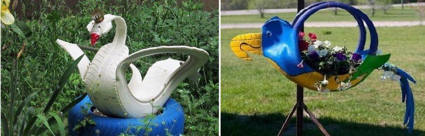 parrot and swan: crafts from car tires