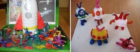 Gebruik de eenvoudigste materialen, zelfs plasticine, om robots, ruimtemensen of een raket te maken.