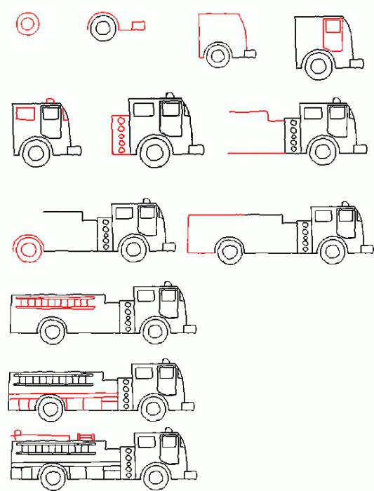 hogyan rajzoljunk tűzoltóautót egyszerű ceruzával kezdőknek és gyerekeknek 2. fotó
