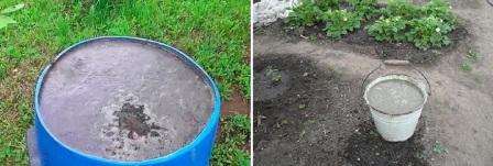 Take a plastic barrel and fill it with water and chicken droppings. The resulting mixture must be left for several days so that it ferments