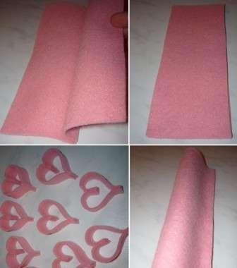 In order to make many hearts in a short time, you need to take two identical rectangles made of felt and glue them together on one side. The second side must be glued so that an elongated heart is obtained.