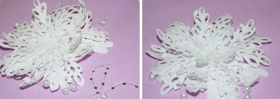 After all the details are ready, you can glue them together. Decorate the snowflake with beads attached to a fishing line or glue half beads to it. The volumetric snowflake from Thomas is ready.