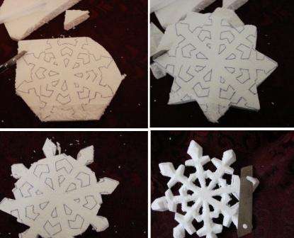 Изтеглете шаблон за хартиена снежинка онлайн или създайте своя собствена форма на снежинка. Първо изрежете хартиената снежинка. Уверете се, че се оказва перфектната форма. Ще прехвърлите контура му върху пяната.