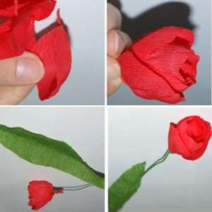 Secure the bud to a wire, which you then wrap with floral green tape to simulate a stem. Separately from the corrugated green paper, cut out a leaf, which you attach to the stem with a wire. Try adding stamens inside the flower. They can be bought at a hardware store or made from black and yellow corrugated paper.
