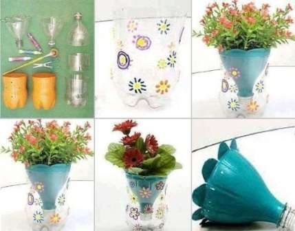 Zelfs kinderen kunnen een vaas maken van plastic flessen. Hiervoor heb je een schaar, plastic flessen en acrylverf nodig. De fles is in drie delen gesneden. Het middelste deel moet gewoon worden weggegooid. De bodem van de fles maakt een geweldige stand.