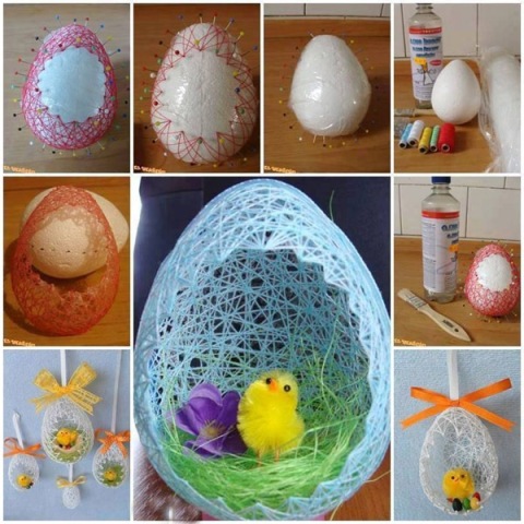 Przyklej igły wokół jajka w kilku rzędach, aby można było pięknie nawinąć nici z przodu i w jednym rzędzie z tyłu.